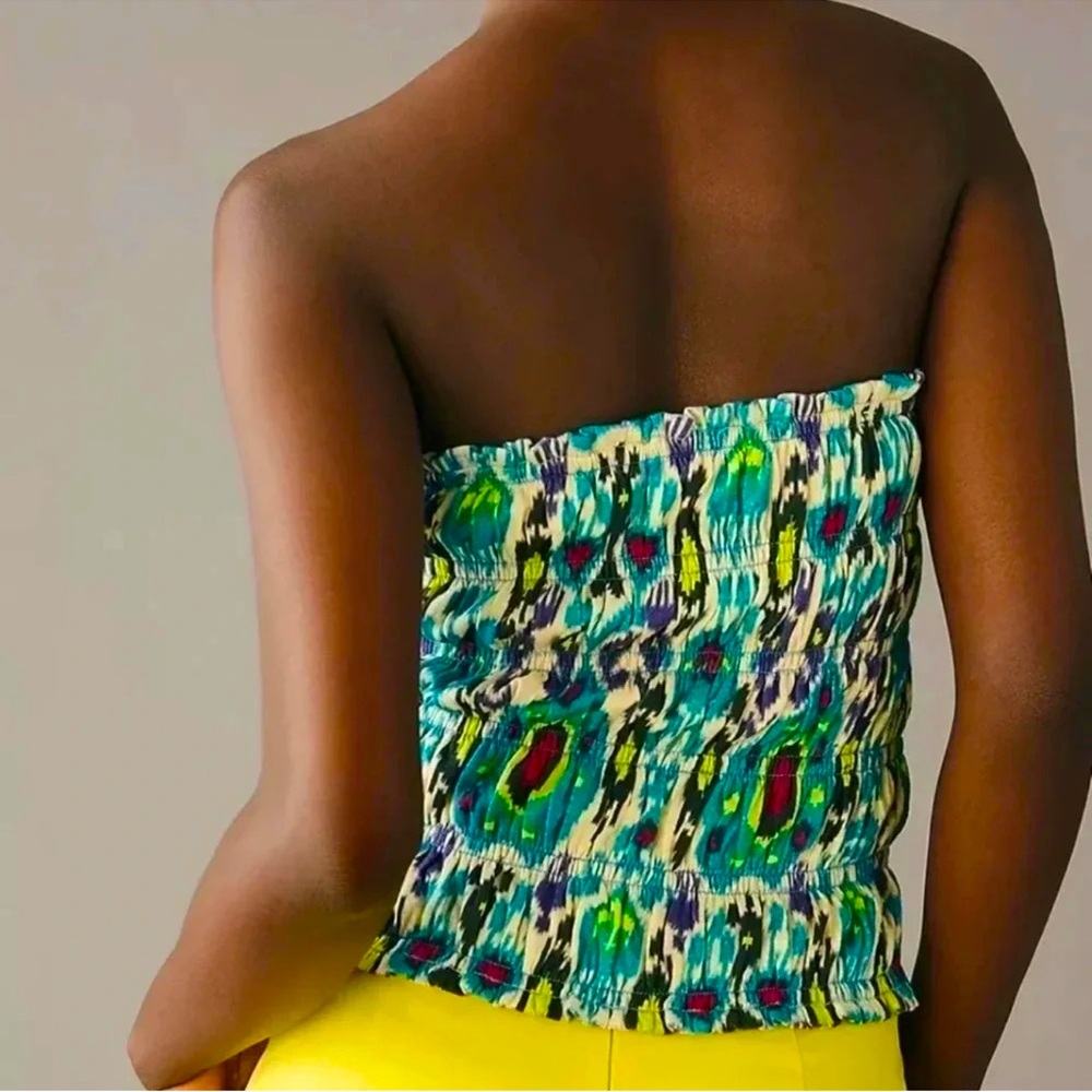 Anthropologie Women's Smocked Tube‎ Top Blue/Green Ikat Print Strapless Tank-S - Picture 3 of 9